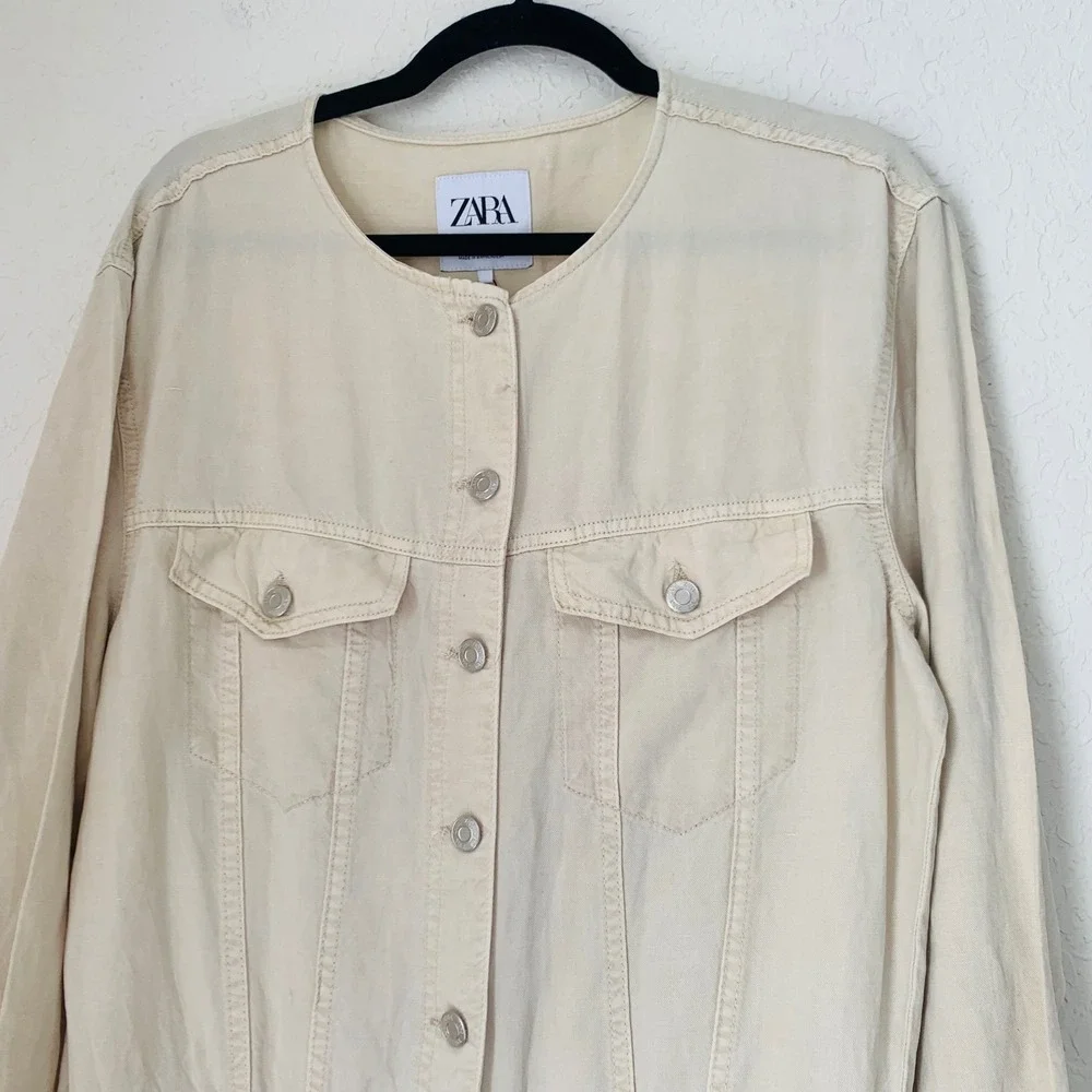 Zara Jumpsuit Women XL Beige Linen Blend Boiler Suit Utility Safari‎ Vacation
